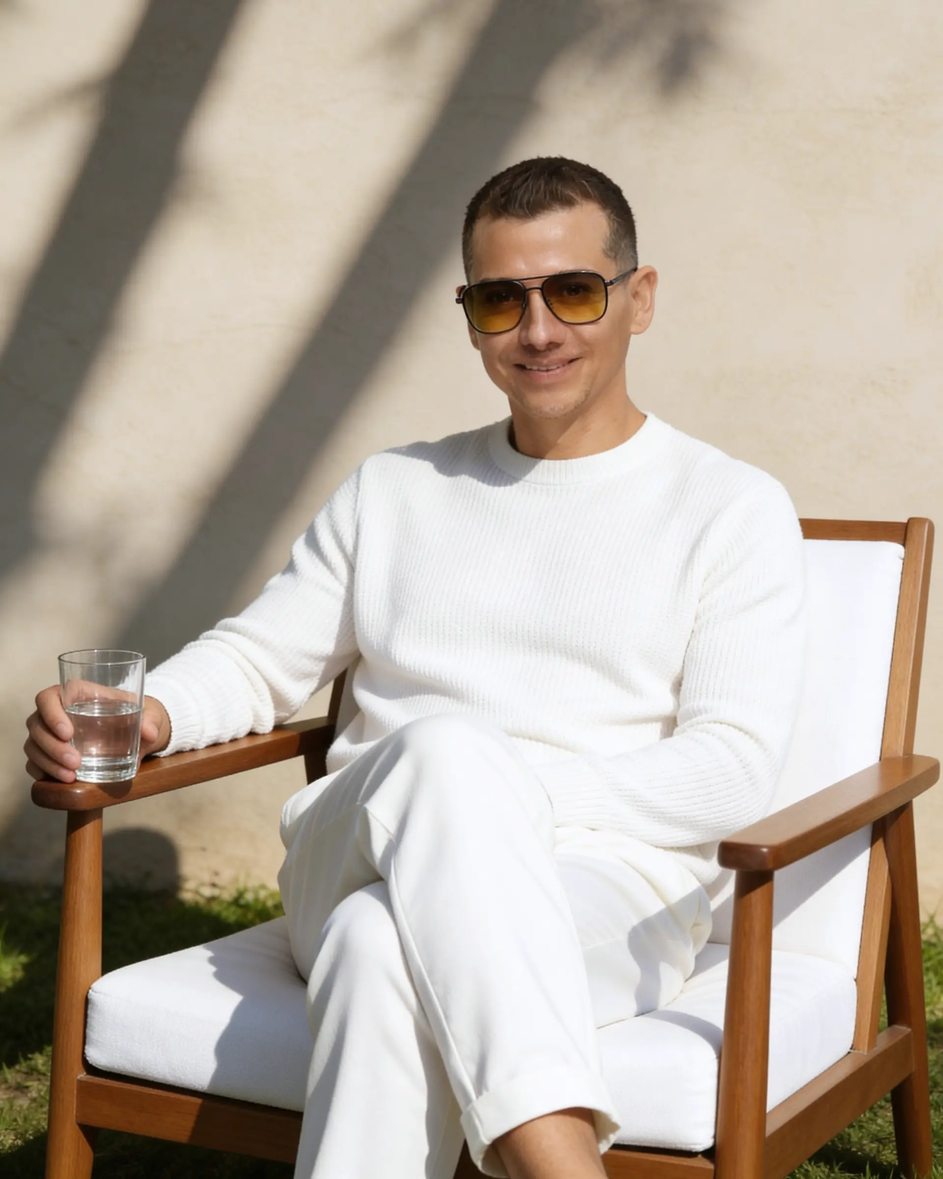 Francisco Lugo seated outdoors in a white outfit, holding a glass of water.