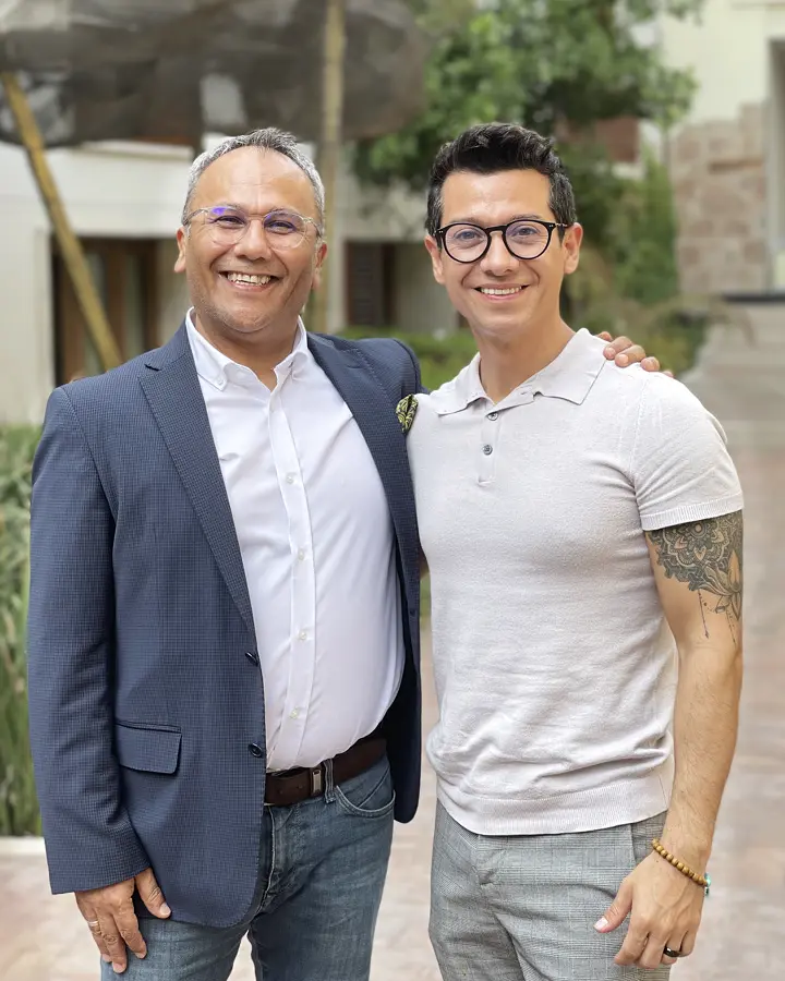 Francisco Lugo with a colleague in the garden at Cartesiano, Puebla.
