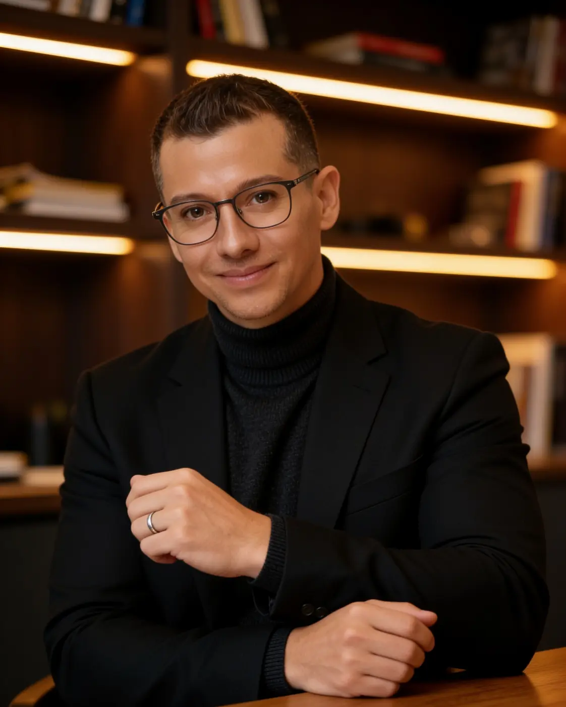 Francisco Lugo smiles, seated at a wooden table in front of a lit bookcase.