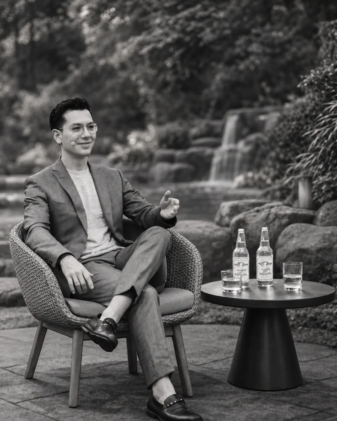 Francisco Lugo seated in an armchair beside a low table with drinks in a garden.